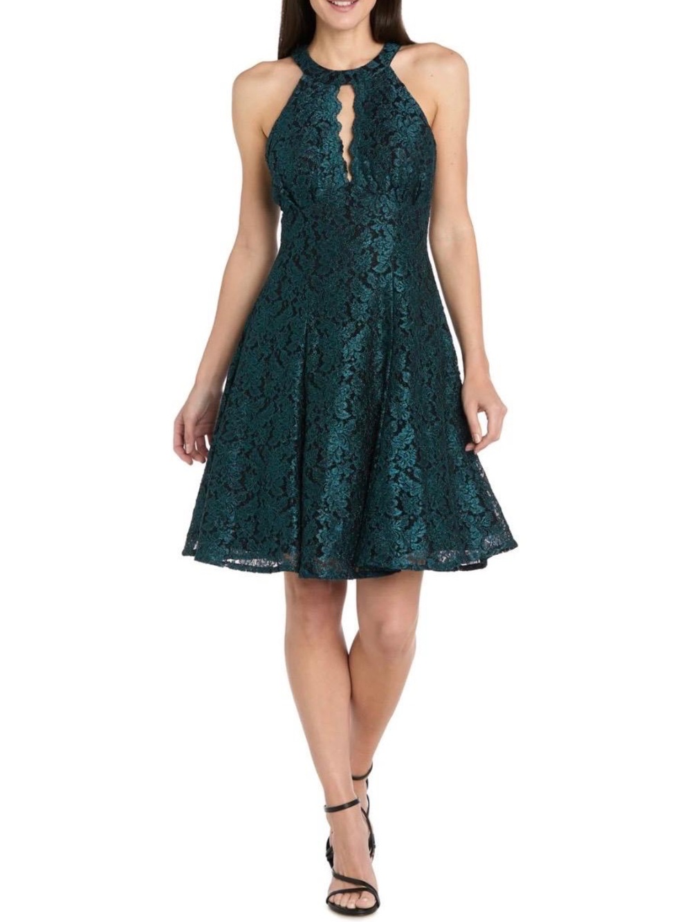 Halter Lace Fit-and-Flare Mini Dress in Teal